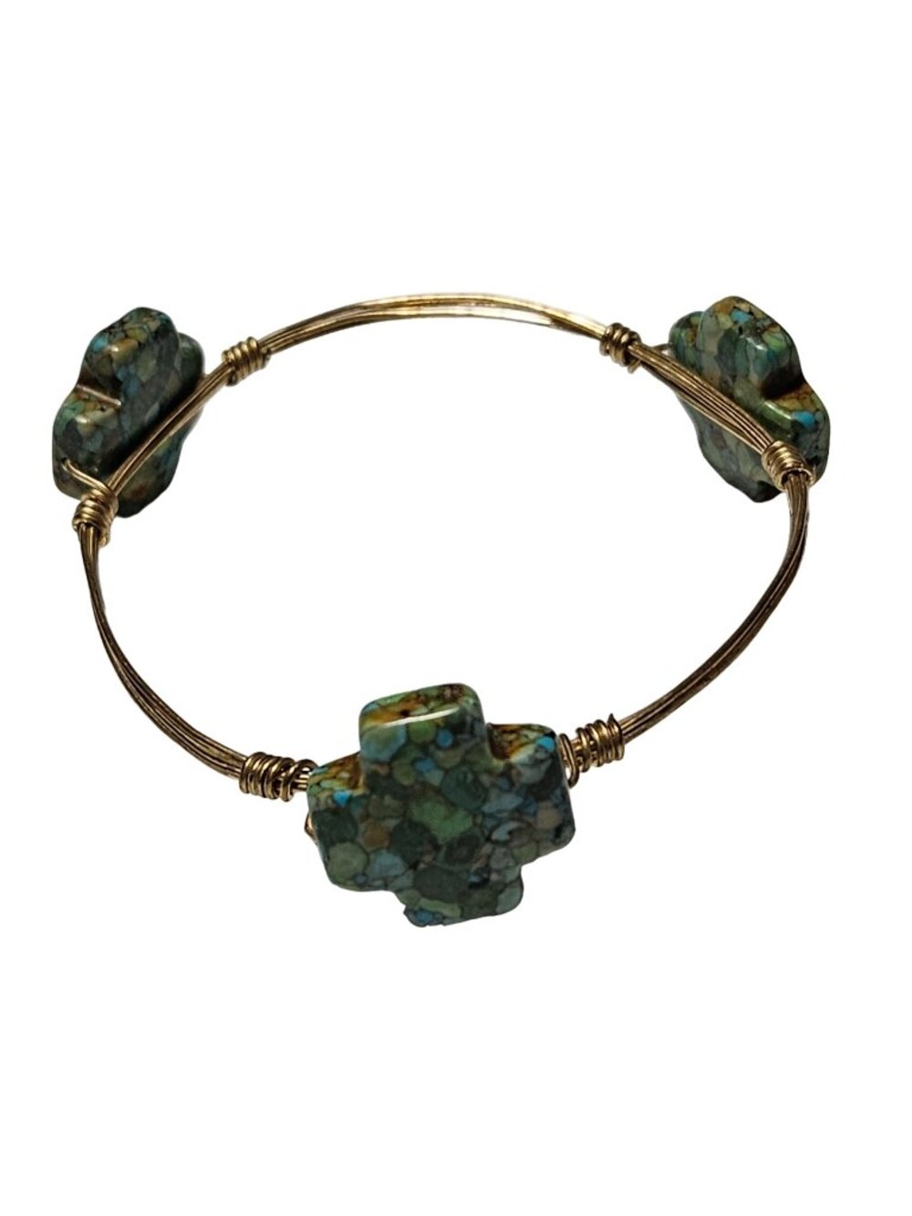 Southwest Green Mosaic Stone Cross Wire Bangle Bracelet Christian Jewelry Unisex